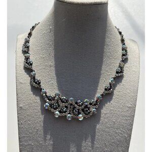 Vintage Heart Floral Necklace Pink & Green Crystals Flower Necklace Sz 16”